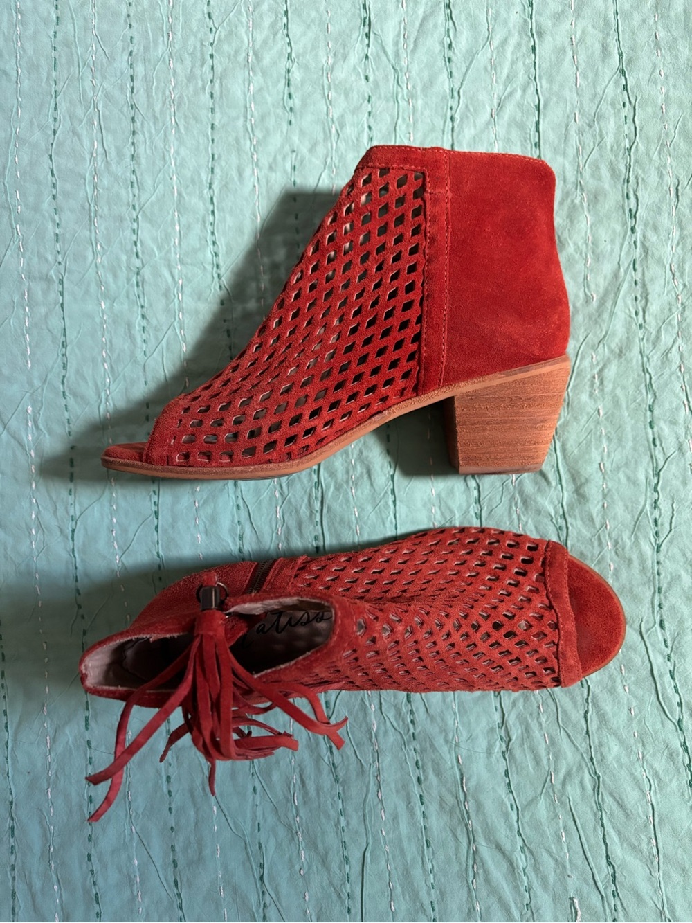 Matisse Indie Rust Suede Perforated Peep Toe Booties Women's 7.5 Made in Brazil
